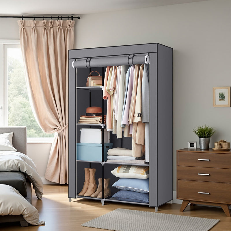 Grey Portable Wardrobe with 6 Shelves and Hanging Rail Non-Woven Fabric by Songmics