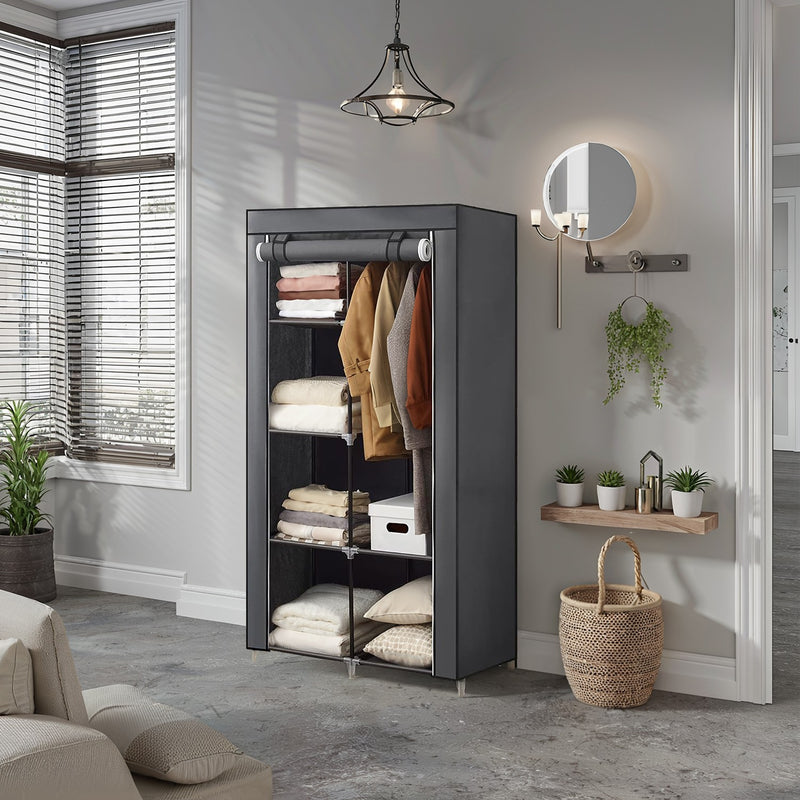 Portable Fabric Wardrobe Closet with Hanging Rail and Shelves for Bedroom Storage by Songmics