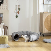 2 in 1 Cat Tunnel and Bed with Hanging Ball and Peek Hole for Indoor Play, Grey AOSOM