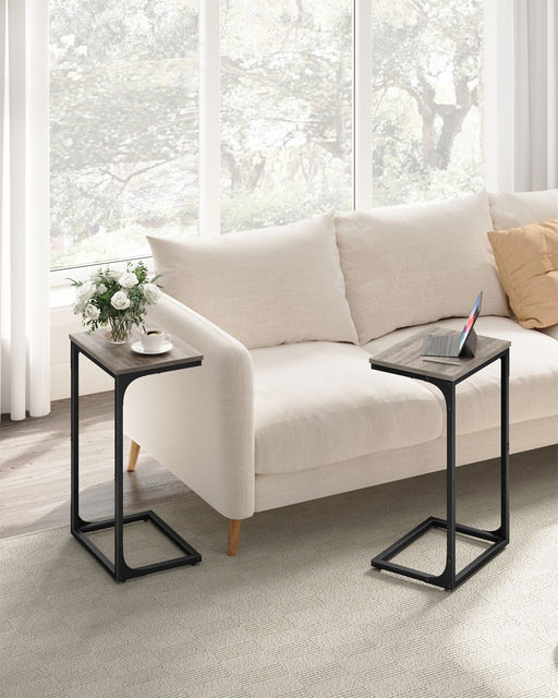 Set of 2 C Shaped Side Tables in Heather Greige and Black for Sofa or Bedside Use by Vasagle
