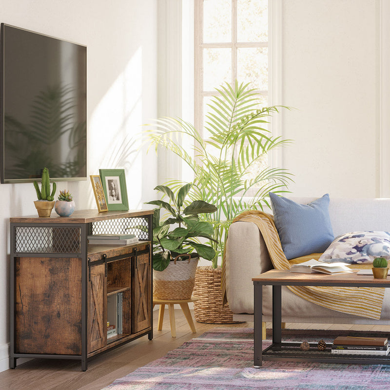 Rustic Brown and Black TV Stand with Open Storage Shelves for Living Room by Vasagle