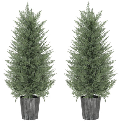 Set of 2 UV Resistant Artificial Cypress Trees with Decorative Pots for Indoor Outdoor Use, Green