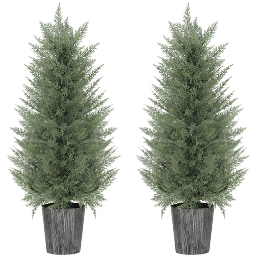 Set of 2 UV Resistant Artificial Cypress Trees with Decorative Pots for Indoor Outdoor Use, Green