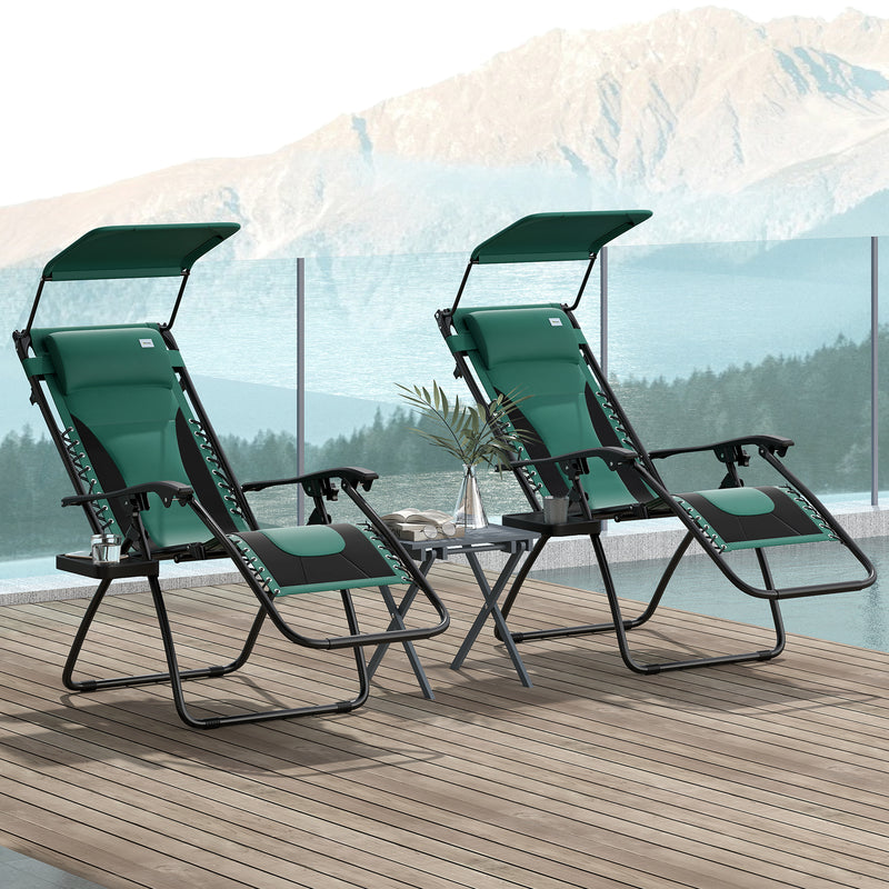 Set of 2 Green Zero Gravity Reclining Garden Chairs with Canopy and Cup Holder by Outsunny