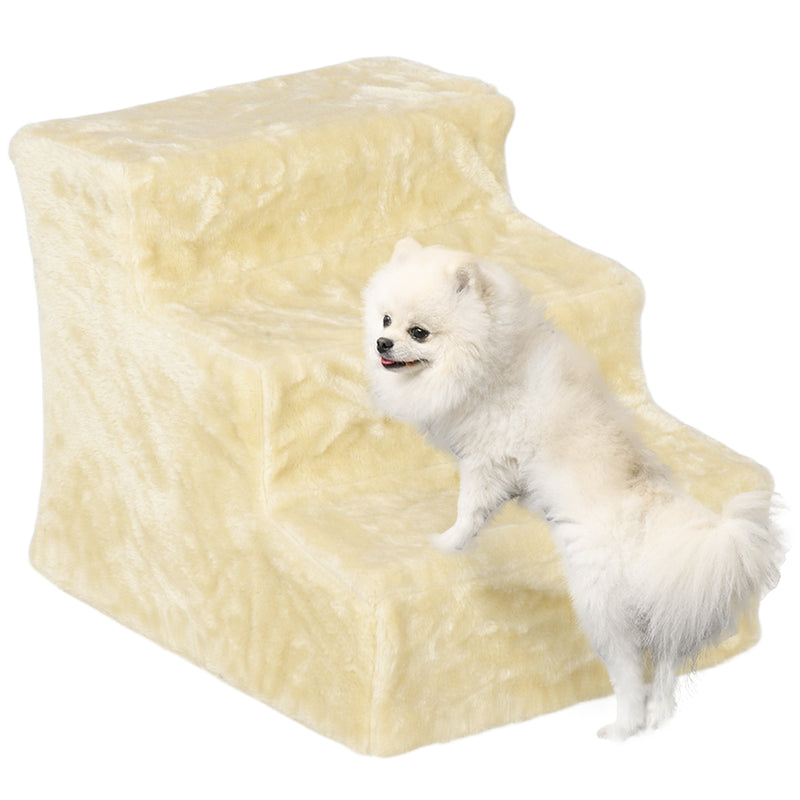 Beige Three Step Dog Stairs with Washable Plush Cover for Small Dogs and Cats by PawHut
