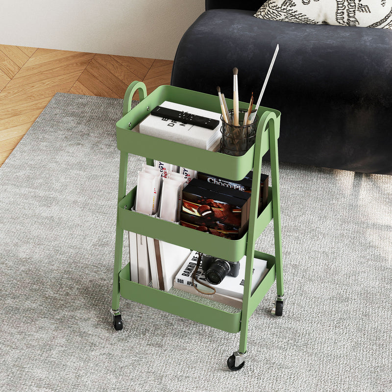Green Three Tier Rolling Storage Trolley with Wheels and Organiser Shelves