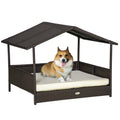 Wicker Rattan Dog House with Removable Cushion and Canopy for Small to Medium Pets Cream