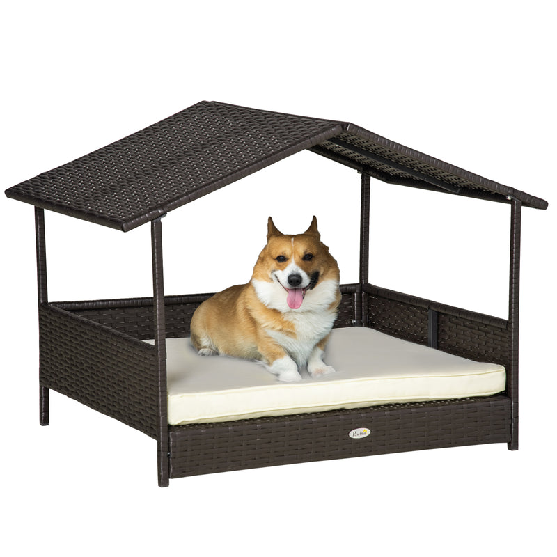 Wicker Rattan Dog House with Removable Cushion and Canopy for Small to Medium Pets Cream