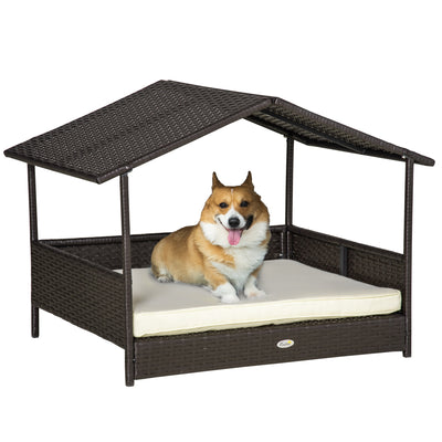 Wicker Rattan Dog House with Removable Cushion and Canopy for Small to Medium Pets Cream
