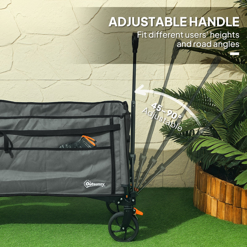 Grey 150L Folding Trolley Wagon with Wheels Brakes and Adjustable Handle by Outsunny