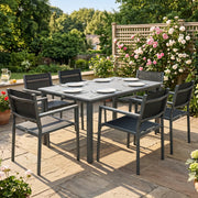 Garden Dining Set for 6 with Stackable Chairs and Wipe Clean Table, Grey & Black Outsunny