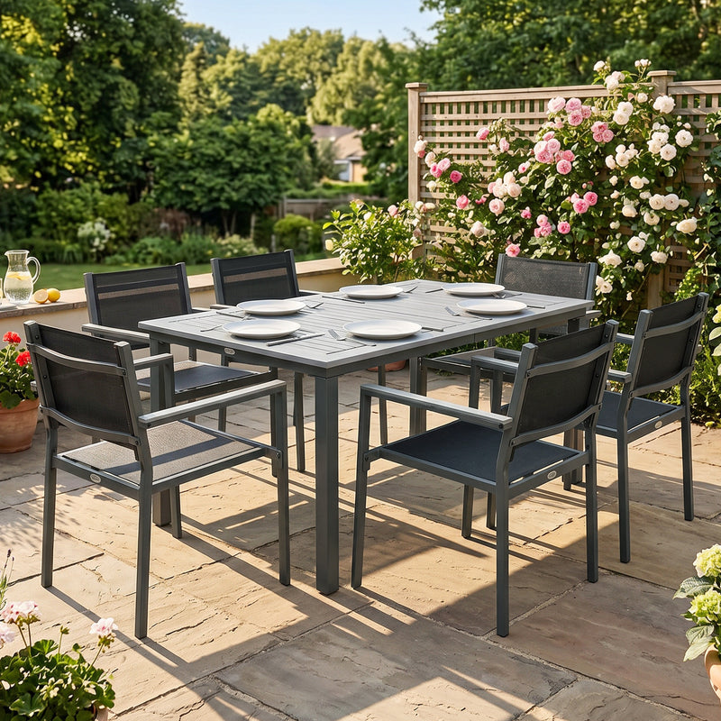 Garden Dining Set for 6 with Stackable Chairs and Wipe Clean Table, Grey & Black Outsunny