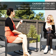 Rattan Garden Bistro Set for Two with Cushions and Glass Table for Small Spaces Black AOSOM