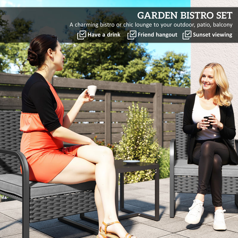 Rattan Garden Bistro Set for Two with Cushions and Glass Table for Small Spaces Black AOSOM