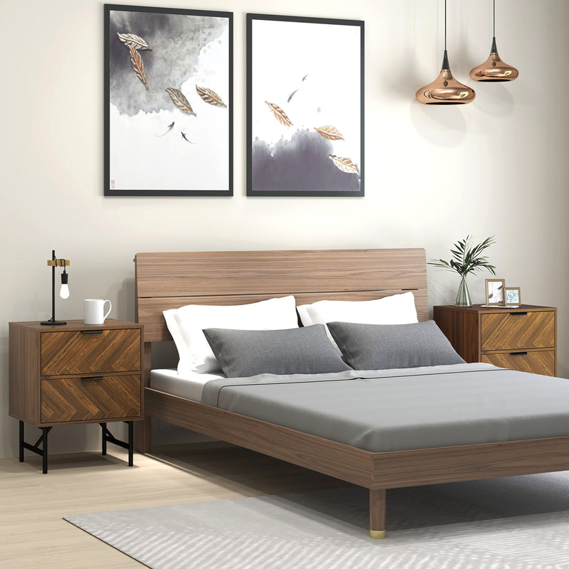 Set of 2 Modern Bedside Tables with Drawers and Metal Legs for Bedroom Walnut Brown