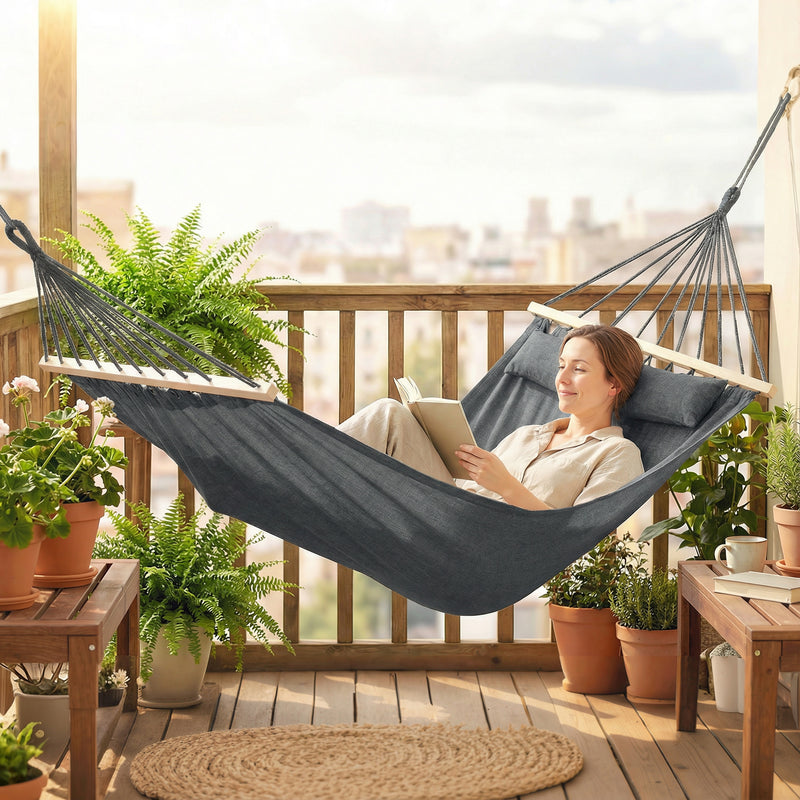 Garden Hammock with Headrest and Side Pocket for Outdoor Relaxation Dark Grey