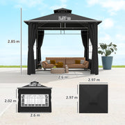 3 x 3 m Black Metal Garden Gazebo With Double Roof and Removable Sidewalls by Outsunny