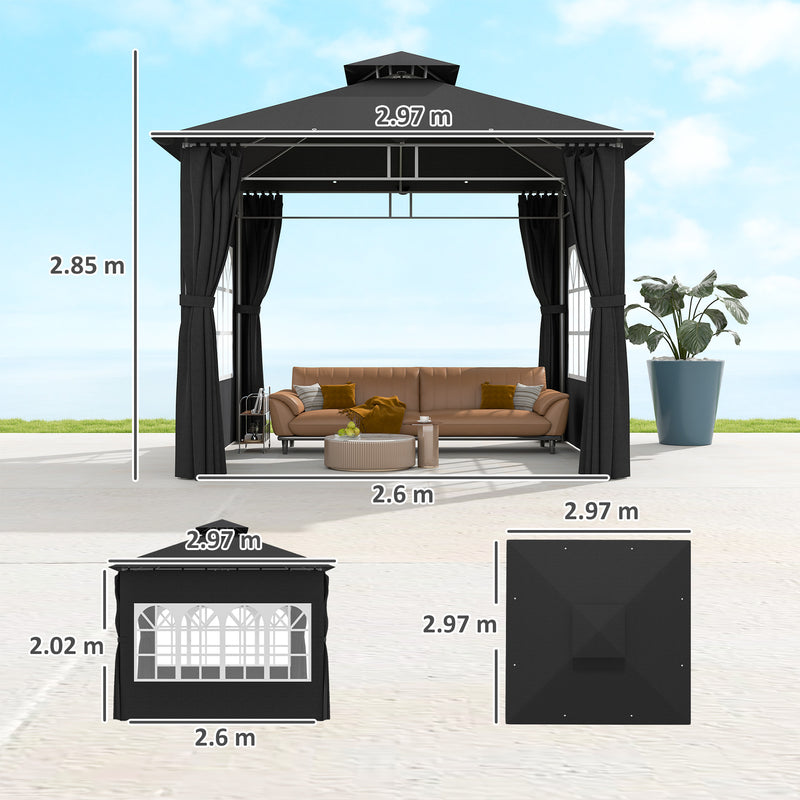 3 x 3 m Black Metal Garden Gazebo With Double Roof and Removable Sidewalls by Outsunny