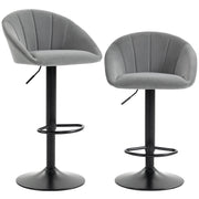 Pair of Homcom light grey velvet-feel bar stools with quilted backs and black swivel bases