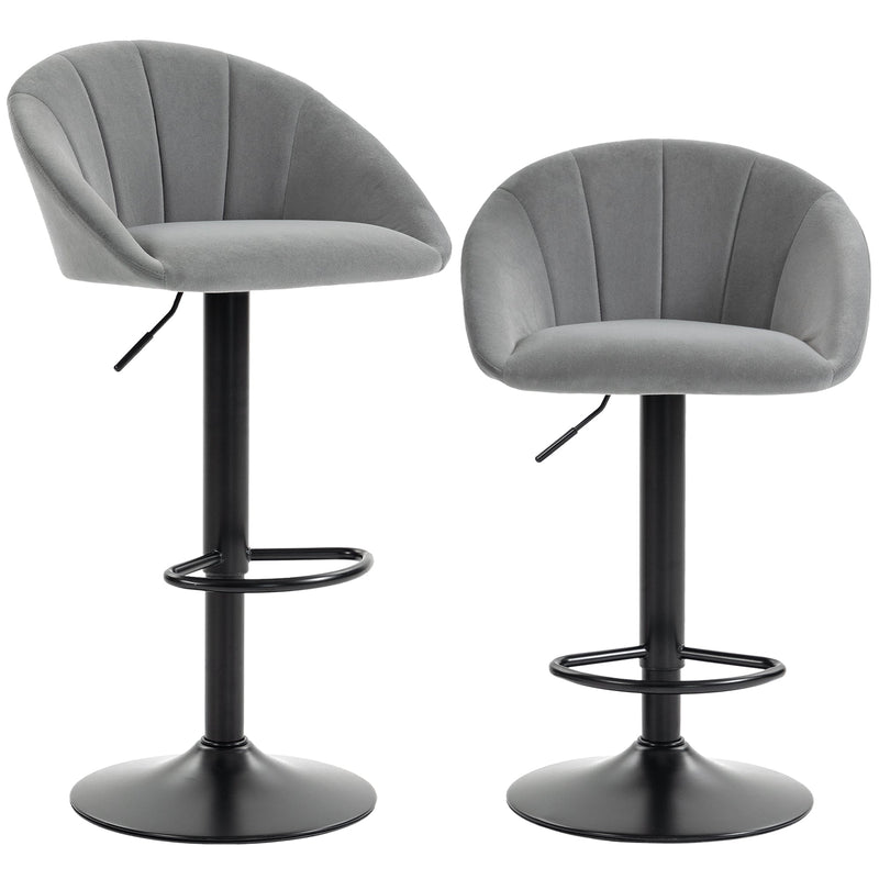 Pair of Homcom light grey velvet-feel bar stools with quilted backs and black swivel bases