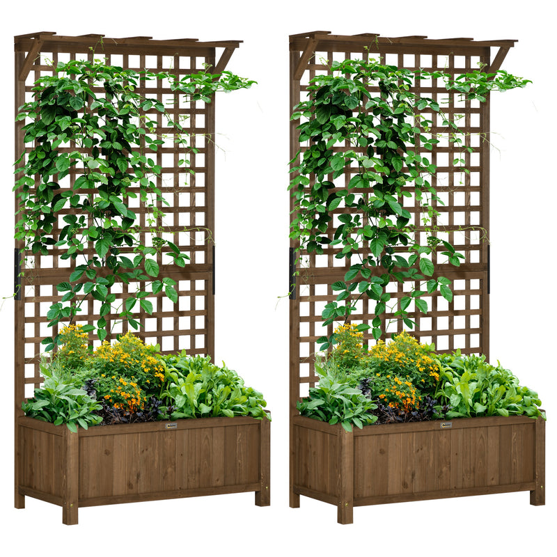 2 Piece Wooden Raised Planter Bed With Trellis For Climbing Plants And Veg, Brown