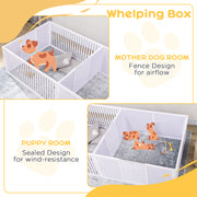 7 Panel Puppy Playpen with 3 Doors and Two Room Whelping Box for Indoor Use White