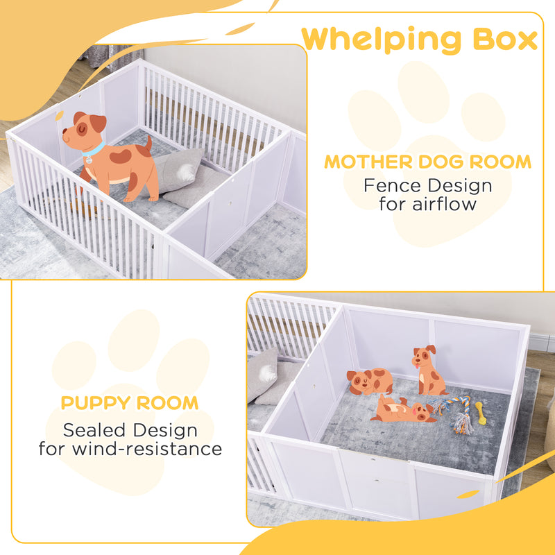 7 Panel Puppy Playpen with 3 Doors and Two Room Whelping Box for Indoor Use White
