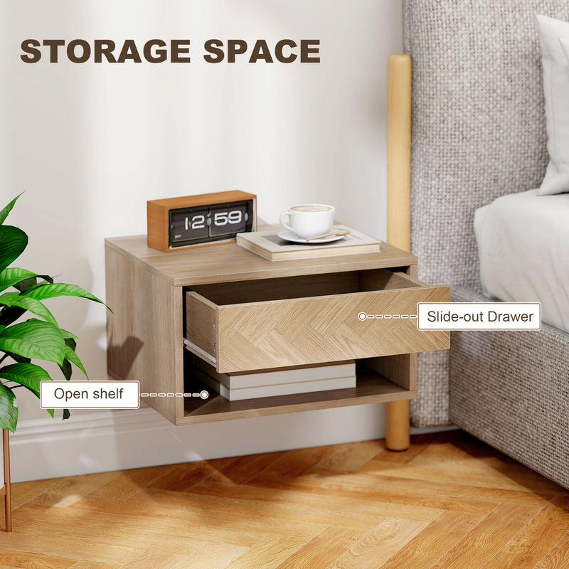 Floating Bedside Tables Set of 2 with Drawer and Shelf for Space Saving Storage Natural Wood AOSOM