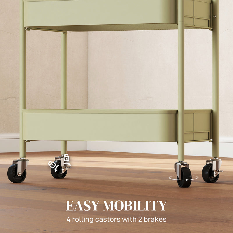 Three Tier Steel Storage Trolley With Wheels For Home Or Office Organisation Green