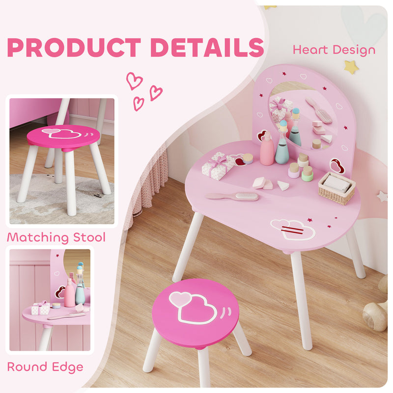 Kids Vanity Table with Mirror and Stool for Bedroom or Nursery Ages 3 to 6 Pink AOSOM
