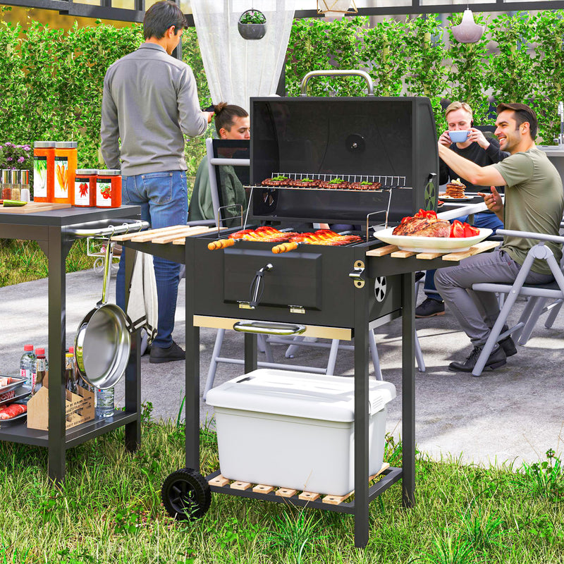 Charcoal BBQ Grill with Adjustable Charcoal Pan Warming Rack Shelves and Wheels by Outsunny