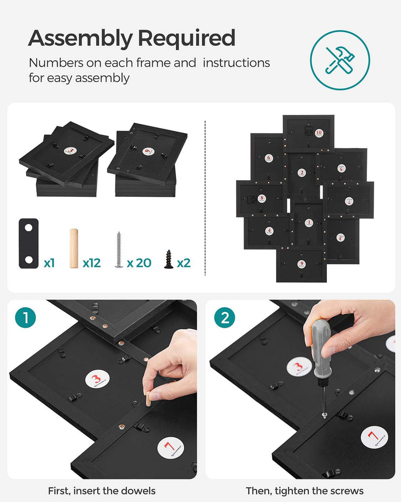 10-Opening Photo Collage Frame in Black MDF by Songmics - styled in living room
