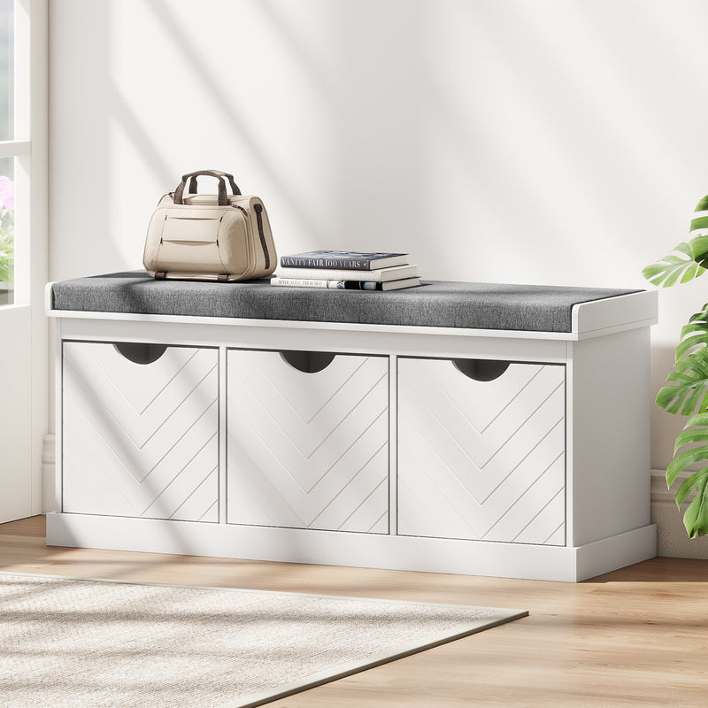 Shoe Storage Bench with Padded Seat and Three Drawers for Hallway Entryway White