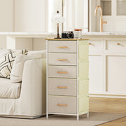 Chest of 5 Fabric Drawers with Wooden Top for Bedroom or Hallway Storage Beige