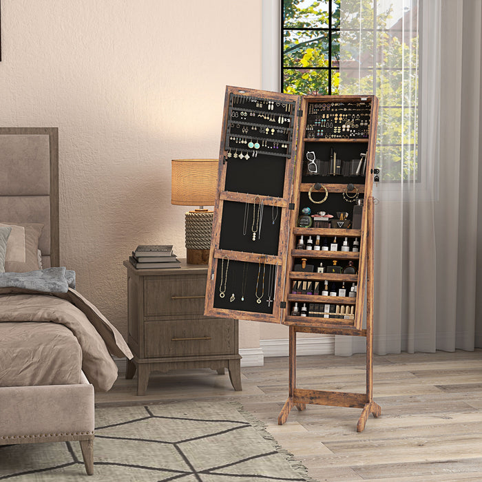 Lockable Jewellery Cabinet with LED Light and Full Length Mirror Rustic Brown by HOMCOM