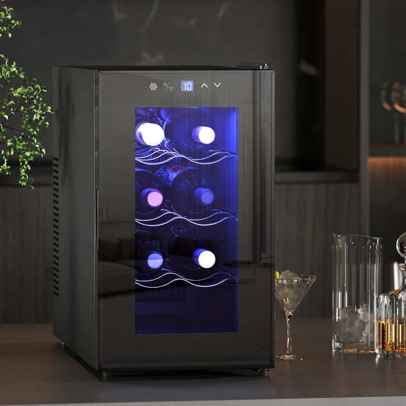 Mini Wine Fridge 8 Bottle 21L Freestanding or Under Counter with Glass Door and LED by HOMCOM