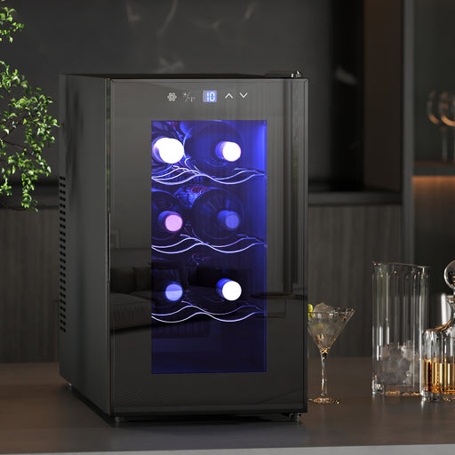 Mini Wine Fridge 8 Bottle 21L Freestanding or Under Counter with Glass Door and LED by HOMCOM