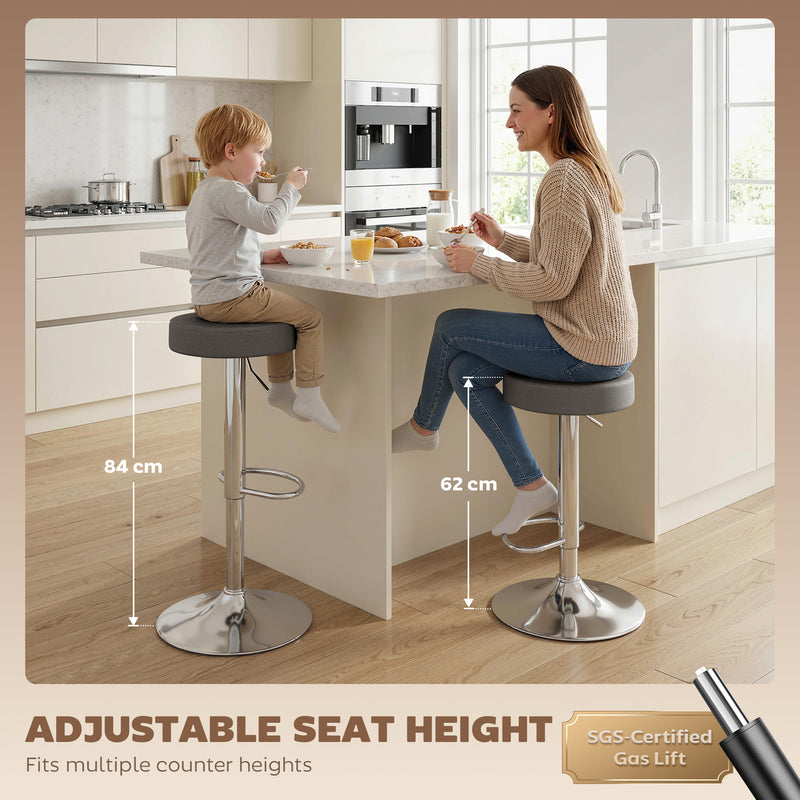 Adjustable Backless Bar Stools Pair for Kitchen Island Space Saving Easy Clean Grey Homcom