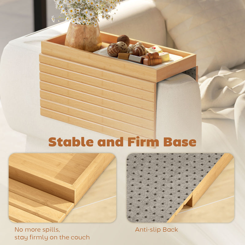 Sofa Arm Tray for Drinks and Snacks with Anti-Slip Base Bamboo Natural Wood Finish