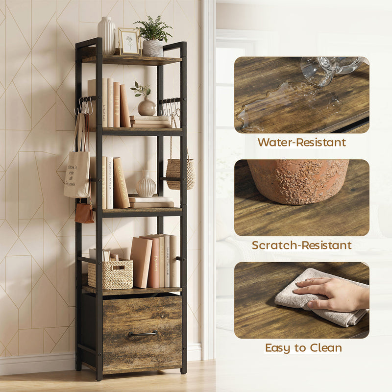 Slim Bookshelf with Drawer and Hooks for Small Spaces and Corners Rustic Brown AOSOM