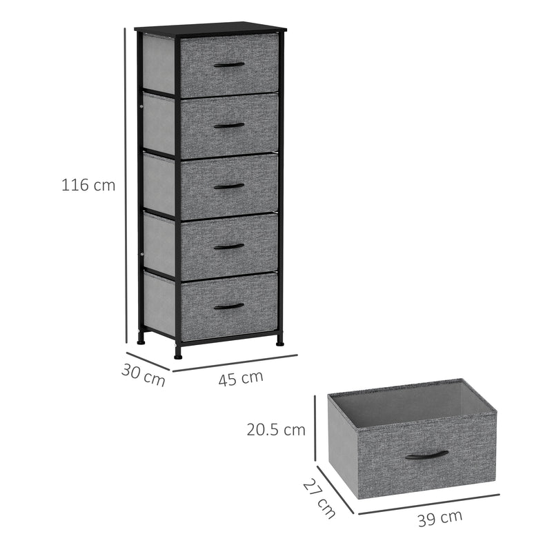 Fabric Chest of Drawers with 5 Storage Drawers Steel Frame and Wooden Top Dark Grey by HOMCOM