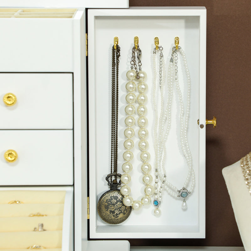 4 Tier Jewellery Storage Box with Mirror and Drawers for Organising Accessories White