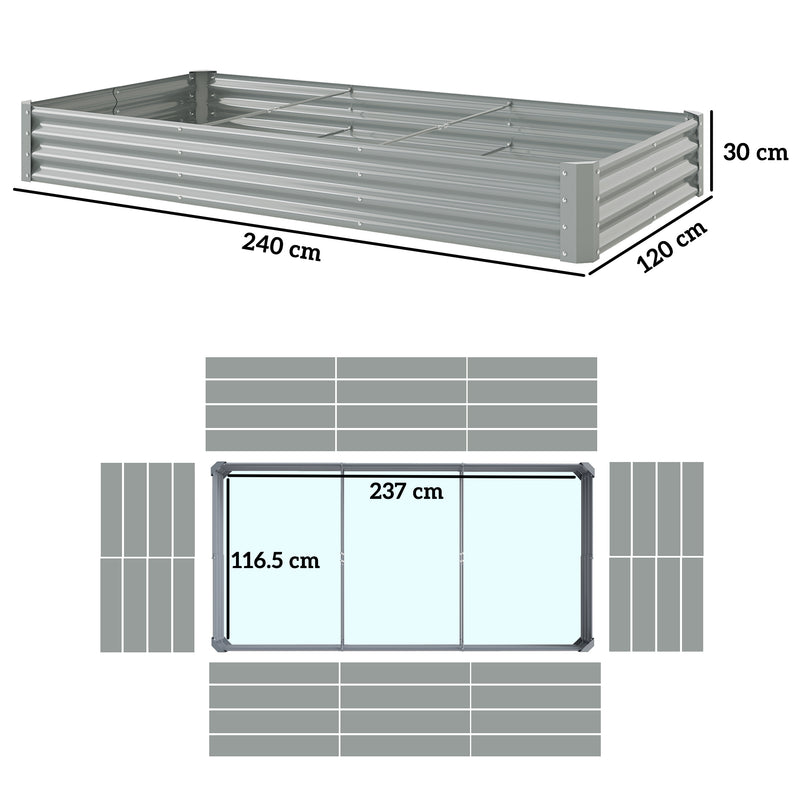 Large Galvanised Steel Raised Garden Bed Ideal for Vegetables and Flowers, Silver, 240x120cm