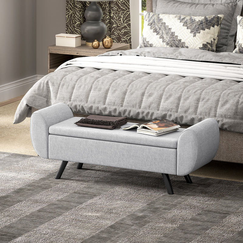 Light Grey Upholstered Storage Ottoman Bench with Armrest and Wooden Legs by HOMCOM