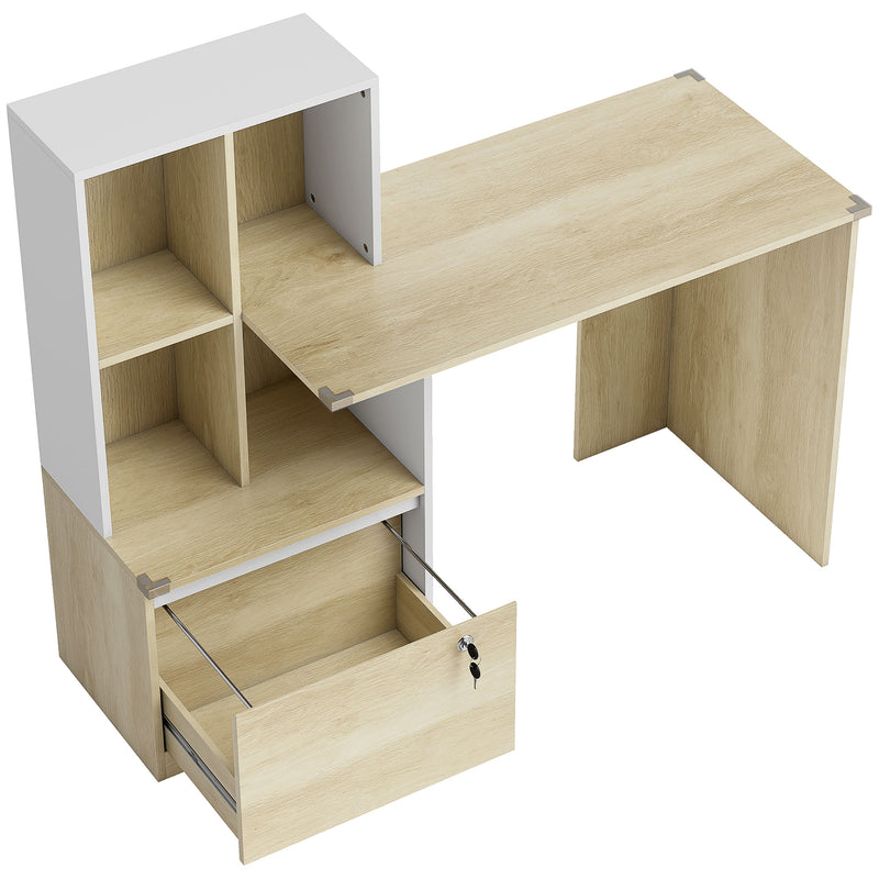 Computer Desk with Lockable Drawer and Shelves for Organised Home Office Oak Wood Effect