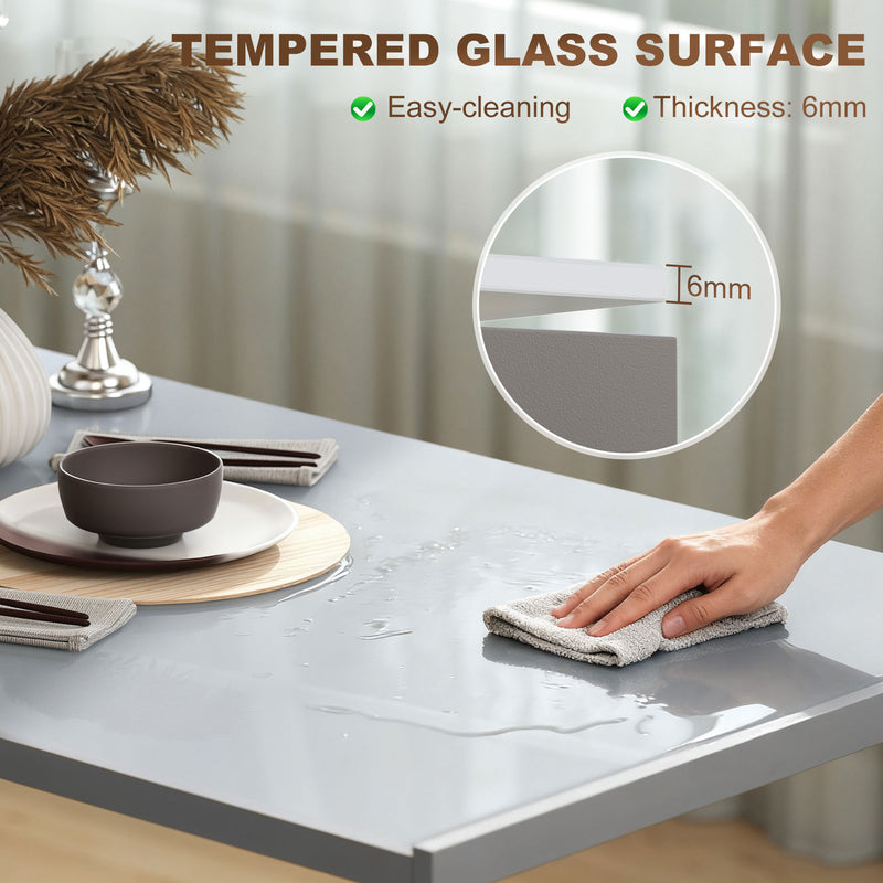 Dining Table for 4 with Easy Clean Glass Top and Steel Frame for Modern Homes Grey AOSOM