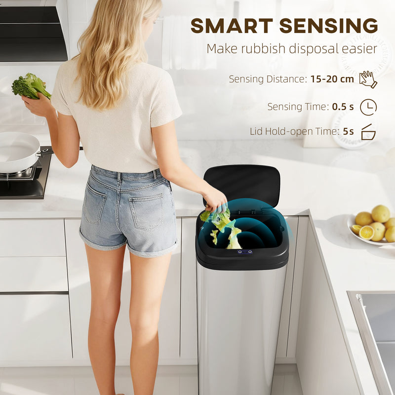 50L Stainless Steel Sensor Bin With Hands Free Automatic Lid For Kitchen Silver AOSOM