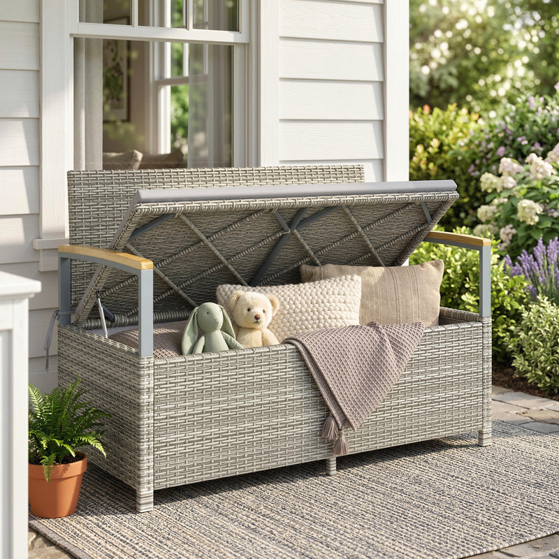 Garden Storage Bench with Hidden Compartment and Cushioned 2 Seater for Tidy Patios Light Grey Outsunny