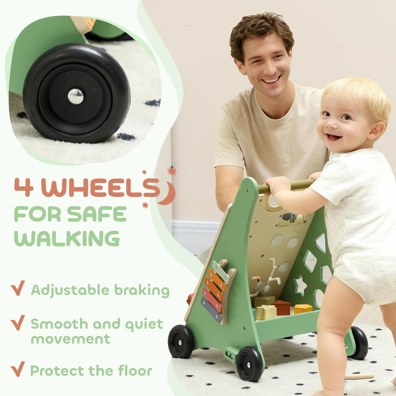 Wooden Baby Push Walker With Xylophone Bead Maze And Speed Control Toy Green AOSOM