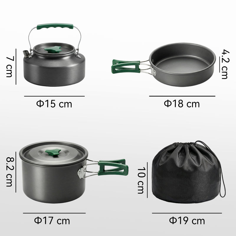 Camping Cookware Set for 2–3 People with Fast Heating and Compact Nesting Design Grey Army Green